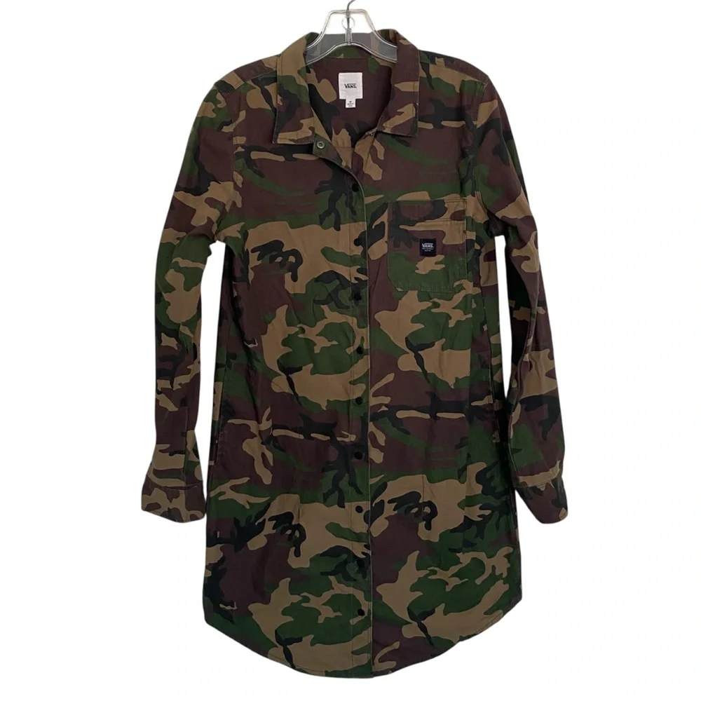 Vans Camouflage Shirtdress Trench Coat Womenβs Medium Punk Skater Grunge Utility - Picture 3 of 11
